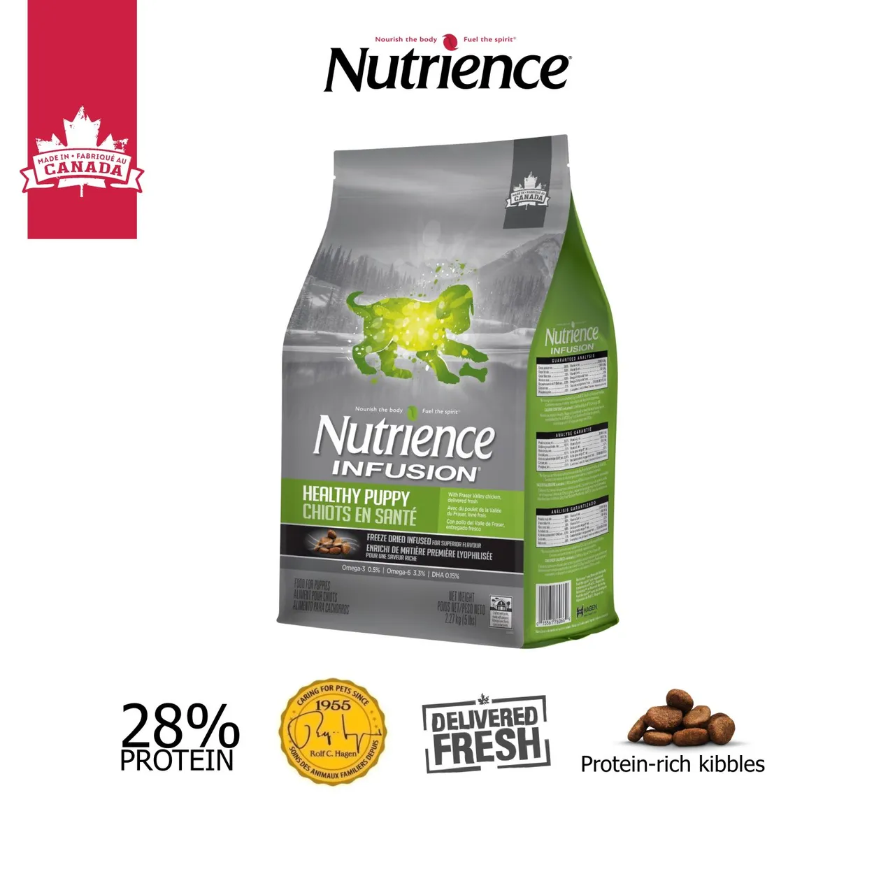 NUTRIENCE INFUSION HEALTHY PUPPY  Nutrience Infusion Healthy Puppy là thức ăn dành riêng cho chó con có thành phần gồm thịt gà tươi, ngũ cốc nguyên hạt có hàm lượng đường huyết thấp, rau, trái cây và thực vật giàu chất dinh dưỡng. Rau xanh và trái cây phát triển hệ thống miễn dịch mạnh mẽ, nguồn DHA tự nhiên hỗ trợ sự phát triển của não và mắt, thức ăn có hương vị tuyệt hảo thu hút chó con biếng ăn và bổ sung thêm prebiotics và probiotics hỗ trợ hệ vi sinh vật đường ruột của chó con khỏe mạnh.