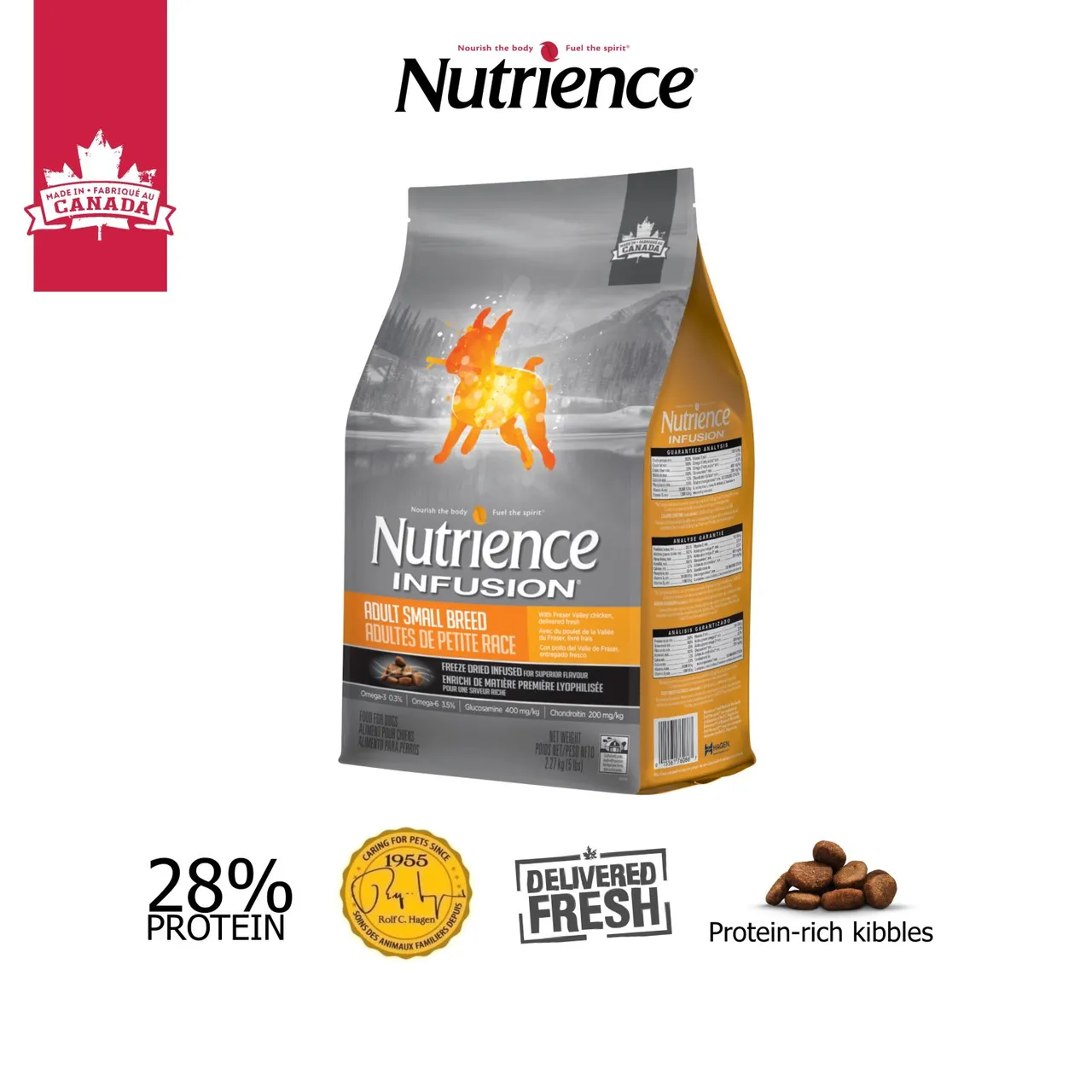 NUTRIENCE INFUSION ADULT SMALL BREED FOR DOGS Nutrience Infusion Adult Small Breed là thức ăn cho chó do Canada sản xuất dành cho chó giống nhỏ, kết hợp thịt gà tươi, không bao giờ đông lạnh, ngũ cốc nguyên hạt có hàm lượng đường huyết thấp, rau, trái cây và thực vật giàu chất dinh dưỡng. Sản phẩm có mùi vị thơm ngon dành cho chó kén ăn.