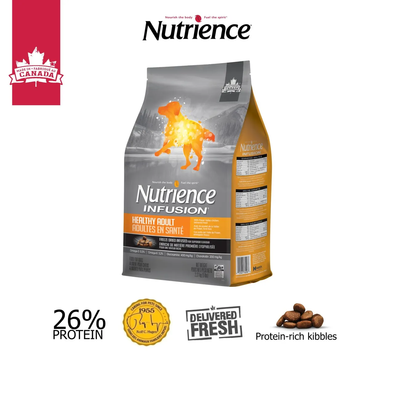 NUTRIENCE INFUSION HEALTHY ADULT FOR DOGS Nutrience Infusion Healthy Adult là thức ăn dành cho chó kích thước trung bình và lớn trưởng thành được sản xuất tại Canada, kết hợp thịt gà tươi, không bao giờ đông lạnh, ngũ cốc nguyên hạt có hàm lượng đường huyết thấp, rau, trái cây và các loại thực vật giàu chất dinh dưỡng.